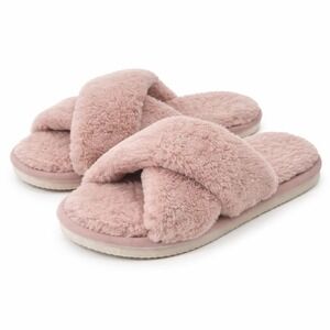 Women Faux Fur Cross Band Slippers Dusty Rose Pink Fuzzy House Slides 40-41